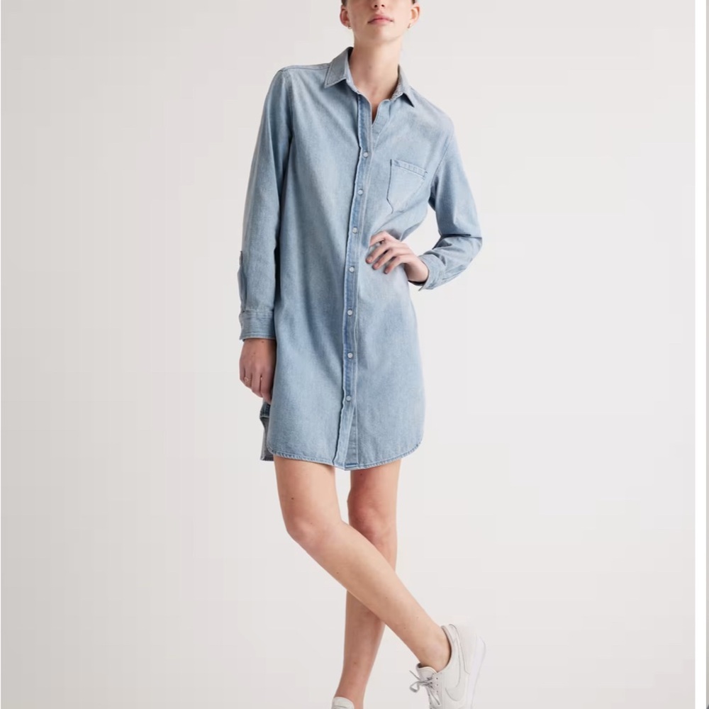 Quince Distressed Denim Long Sleeve Shirt Dress